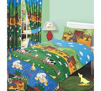 Double Bed Size Farmyard Friends Duvet Cover Set, Farm Animals Cows Sheep Duck Ducklings Swan Chicks Chickens Tractor Love Birds, Green Blue Yellow Orange Red