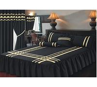 Double Bed Size Fitted Bedspread Glamour Black with Gold Trim/Ribbon, Frilled Quilted Bedspread & Pillow Shams, Extra Deep 22" Frill, Luxurious 200 Thread Count 100% Egyptian Cotton