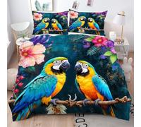 Double Bedding Set Blue Animal Parrot, Luxury Microfiber Double Duvet Cover for Teens Adult, Soft Quilt Cover Set 200x200 for Four Corner Ties + 2 Pillowcases Q3429