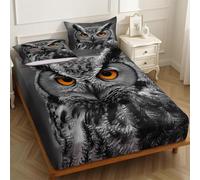 Double Bedding Set Cartoon Owl 140 x 190 cm Fitted Sheet with Pillowcase Soft Microfiber grey Room Decor