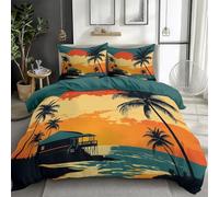 Double Bedding Set Girls Beach Sunrise Palm Trees Duvet Cover Set 3pcs, Soft Comfy Olive Green Duvet Cover Breathable Bedding Bed Sets with Pillow Cases, Reversible, Easy Care