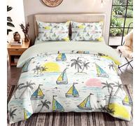 Double Bedding Sets 4 Piece - Cartoon, Cute, Illustrated Style Bedding Set, Sailboat, Palm Trees Fitted Sheet and Pillow cases Soft Microfiber Duvet Cover for Boys & Girls