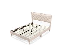 (Double, Beige) Bed Frame Platform Bed w/Tufted Headboard Wooden Slats