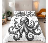 Double Black And White Line Octopus Is Smart Bedding Set Ultra-Soft Microfiber Duvet Cover Set 3Pcs-200x200cm+2 Pillowcases 50x75cm-Marine Life Art 3D Printed Design with Zip Closure & Corner Ties