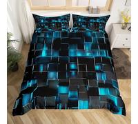 Double Blue and Black Geometric Comforter Cover Gradient Neon Cubes Boys Bedding Set, Reversible Abstract Square Plaid Bed Set Geometry Lattice Wall Brick Decor
