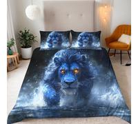 Double Blue Lion Bedding Set Ultra-Soft Microfiber Duvet Cover Set 3Pcs - 200x200cm + 2 Pillowcases 50x75cm - Animal 3D Printed Design with Zip Closure & Corner Ties