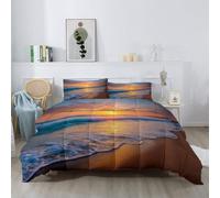Double Blue Orange Summer Coverless Duvet 4.5 Tog, Landscape Beach Reversible Washable Microfiber Quilt, Sunset Waves Pattern Super Soft Cosy Summer Bedding Set with 2 Pillowcase, 200 x 200 cm