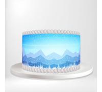 Double Blue Winter Landscape Mountains Snow Falling Nature Scene Wrap Around Print A4 Edible Paper Icing Sheet Cake Topper Side Ribbon Border Decor for Personalised Themed Decorations