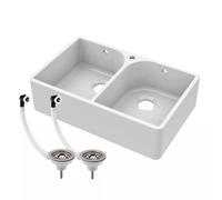 Double Bowl Fireclay Ceramic Butler Kitchen Sink with Full Weir, Overflows & Was