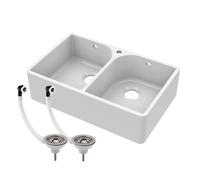 Double Bowl Fireclay Ceramic Butler Kitchen Sink with Full Weir, Overflows & Was