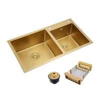 Double Bowl Gold Kitchen,Top Mount/Drop in with Stopper&Drainage Basket, High-Capacity Stainless Steel (29.5x15.7, Gold)