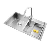 Double Bowl Kitchen Sink Set - 304 Stainless Steel Sink with Pull Out Faucet and Drain Basket for Home, Office, Bar, and Laundry (Silver 7541)
