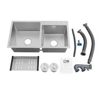 Double Bowl Kitchen Sinks, Stainless Steel Commercial Restaurant Sink, Drop-in, Undermount, Offset Top Mount with Drainage Basket, 2 Waste Filters, Overflow Hole, Drainage Device Set