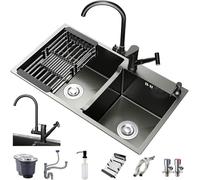 Double Bowl Sink Set with Drain Kit - 8 Piece Complete Accessories - Thicken Black Stainless Steel Construction, 75x41cm
