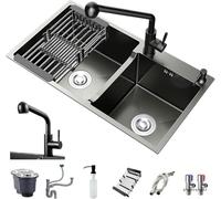 Double Bowl Sink Set with Drain Kit - 8 Piece Complete Accessories - Thicken Black Stainless Steel Construction, 75x41cm