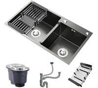 Double Bowl Sink Set with Drain Kit - 8 Piece Complete Accessories - Thicken Black Stainless Steel Construction, 75x41cm