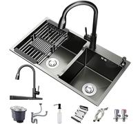 Double Bowl Sink Set with Drain Kit - 8 Piece Complete Accessories - Thicken Black Stainless Steel Construction, 75x41cm