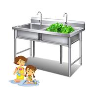 Double Bowl Sinks,Outdoor Utility Sink,Stainless Steel Commercial Kitchen Sinks W/Faucet & Drainboard, Free Standing Outdoor Sink Station ,for Laundry/Backyard/Garage, 2 Compartment(100*60cm/39.4*23.6