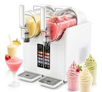 Double Bowl Slush Machine, No Ice Needed Chilled Drink Maker for Home & Commercial Use, 7 Presets, Soft Serve, Self-Cleaning, Heat Control for Cafes & Parties (White)