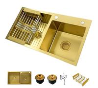 Double Bowl Stainless Steel Kitchen Sink - Undermount Or Drop-in Installation, with Basket Strainer, Drain Kit Gold-Tone Accessories, Nano-Coated, Silent Design(Gold,80x45cm)