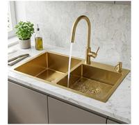 Double Bowl Stainless Steel Kitchen Sink - Undermount Or Drop-in Installation, with Basket Strainer, Drain Kit Gold-Tone Accessories, Nano-Coated, Silent Design(Gold,75x40cm)