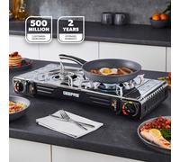 Geepas Portable Camping Gas Stove, Double Burner - BBQ Cooker, Outdoor Grill Plate - Automatic Ignition System, Butane Can - BBQ Caravan Outdoor