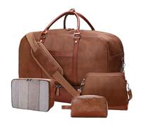 Double Bus 4PCS Leather Weekender Bag for Women Men, Large Travel Duffel Bag Overnight Bag with Shower Toiletry Bag Sets Satchel Bag Carry On Bag Fit 21" Laptop, Coffee, Fashion