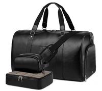 Double Bus Weekender Bag for Women Men, Large Overnight Bag Faux Leather Travel Duffel Bag with Shoe Compartment Toiletry Packing Cube Carry On Bag Fit 21" Laptop 3Pcs Set, Black, 22 x 11.5 x 13