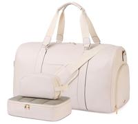 Double Bus Weekender Bag for Women Men, Large Overnight Bag Faux Leather Travel Duffel Bag with Shoe Compartment Toiletry Packing Cube Carry On Bag Fit 21" Laptop 3Pcs Set, Beige, 22 x 11.5 x 13