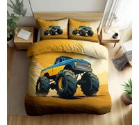 Double Cartoon Style Monster Truck Duvet Cover Set 3D Bedding Set 200 x 200 cm, for Kids Boys Girls Bedroom, Yellow Comforter Soft Microfiber Quilt Cover with Zipper Closure And 2 Pillowcases