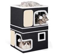 Double Cat Beds for Indoor Cats, 2-Storey Cat House with Large Cozy Hideaways, Dual Purpose Cat Cave Cube with Scratch Pads, Fluffy Balls, Foldable Indoor Cat Houses for Multi Small Pets Kitten, Black