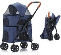Double Cat Dog Stroller Foldable Pet Stroller for 2 Dogs/Cats Double-Layer Pet Trolley Strollers Great for Twin Or Multiple Breathable Travel Carrier (Blue) (Blue)
