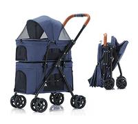 Double Cat Dog Stroller Foldable Pet Stroller for 2 Dogs/Cats Double-Layer Pet Trolley Strollers Pushchair Great for Twin Or Multiple Breathable Travel (Blue) (Blue)