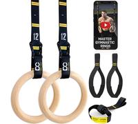 Double Circle Wood Gymnastic Rings with Quick Adjust Numbered Straps and Exercise Videos Guide - Full Body Workout, Calisthenics, Home Gym (Multi-Size) (Rings & Straps + Door Anchor + Foot Straps)