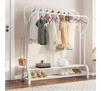 Double Clothes Rail Clothing Rack with Dual Hanging Rails, Free Standing Garment Coat Stand Organiser for Bedroom, w/ 4 Side Hooks and 2-Tier Lower Storage Shelf (White)