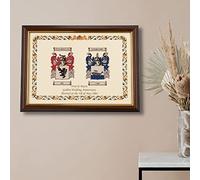 Double Coat of Arms Framed Print - Two Surnames with Personalised Message - A3 Parchment Couples Gift