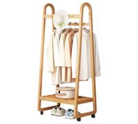 Double Coat Rack, Freestanding Garment Rack, with 2 Hanging Rod and 3 Hooks Hall Tree, Coat Stand Rack 60 x 39 x 165 cm, Bamboo Clothes Rails for Entryway Bedroom Living Room (Wood Color)