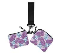 Double Coin Purse Credit Card Holder Wallet Valentine's Day Tropical Leaves Peach Purple Thin Flat Identity Card Cover with Zipper Pocket for Ladies Girls 2pcs,Valentine's Day Tropical Leaves Peach,