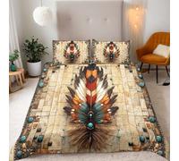 Double Colorful Feather Decoration Bedding Set Ultra-Soft Microfiber Duvet Cover Set 3Pcs - 200x200cm + 2 Pillowcases 50x75cm-Retro Mystery 3D Printed Design with Zip Closure & Corner Ties