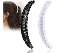 Double Comb Hair Clips, Long Curved Braided Edge, Black And White, 2-Pack | Opposing Interlocking Teeth And End Clasps, Gathers Longer Hair Away From The Face, For Swept-Back And Half-Up Daily Styles