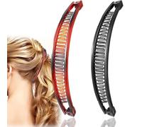 Double Comb Hair Slides, Long Curved Banana Clips, Brown And Black, 2-Pack | Hinged Comb Sections With Interlocking Teeth, Follows The Head Contour, For Gathering Longer Hair In Daily Swept-Back Styles