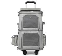 Double Compartment Pet Carrier Trolley Bag Portable Cat Carrier with Wheels, for Travel Camping Designed (Grey One Size)