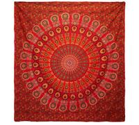 Double Cotton Bedspread & Wall Hanging - Peacock Mandala In Red