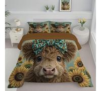 Double Coverless Duvet 7.5 Tog, Cute Highland Cattle Print Kids Reversible Washable Coverless Duvets, Watercolor Sunflower Flowers Super Soft Comfy Kids Duvets, 200x200cm Duvet with 2 Pillowcase
