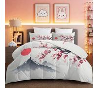 Double Coverless Duvet Japanese Style Elegant Floral Mountain, Reversible Red Black Printed Quilt for All Seasons - Soft Machine Washable Bedding Comforter Set with 2 Pillowcases, 240 x 220 cm