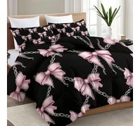 Double Coverless Duvet - Retro Girly Style Chain Bow Flowers Quilt Comforter - Reversible Design - Hypoallergenic lightweight Warm Comfy Washable Bedding for Kids Boys Girls - 140 x 200 cm Black Pink