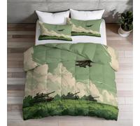 Double Coverless Duvet Set 7.5 Tog, Retro Military Jet Tank Grassland Multicoloured Reversible Comforter, Machine Washable, All-Season Bedding for Boys' and Girls' Room, 200 x 200 cm