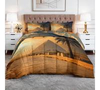 Double Coverless Duvet Set Egyptian Architecture Palm Trees Sunset Bed Cover Bedding Duvets Sets, Anti Allergy Bed Quilt 7.5 Tog for All Seasons - 1 Soft Comforter Bedding with 2 Pillowcases, Yellow