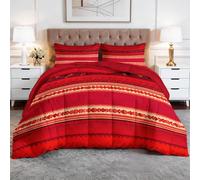 Double Coverless Duvet Set Ethnic Style Geometric Theme Stripes Bed Cover Bedding Duvets Sets, Anti Allergy Bed Quilt 7.5 Tog for All Seasons - 1 Soft Comforter Bedding with 2 Pillowcases, Red