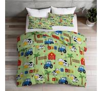Double Coverless Duvet, Spotted Cow Palm Tree Farm Tractor All Seasons Soft Warm Microfibre Duvets, Cartoon Rustic Lightweight Comfortable Comforter, Red Reversible Washable Duvet, 155 x 220 cm